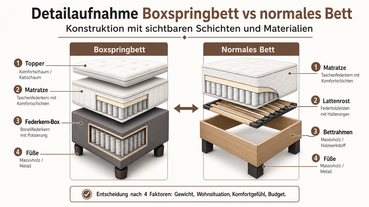 Detailaufnahme Boxspringbett vs normales Bett Konstruktion mit sichtbaren Schichten und Materialien