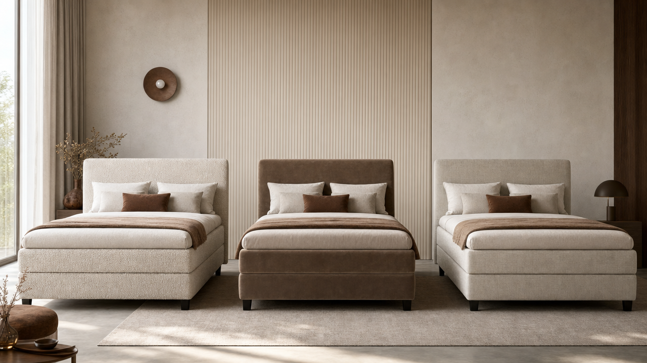 Boxspringbett Stoff Vergleich: Drei identische Boxspringbetten nebeneinander mit Bouclé, Samt und Webstoff Bezug zum direkten Vergleich der Materialien und Optik