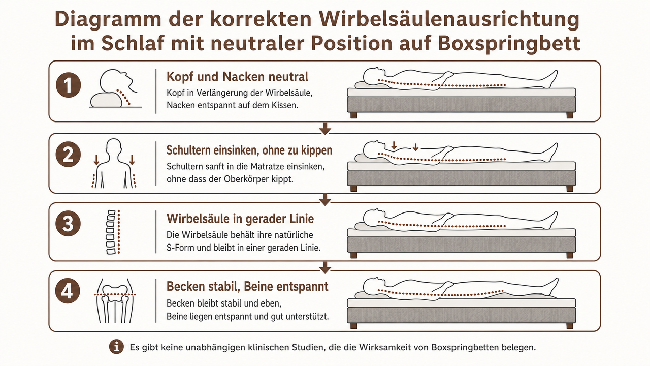 Diagramm der korrekten Wirbelsäulenausrichtung im Schlaf mit neutraler Position auf Boxspringbett