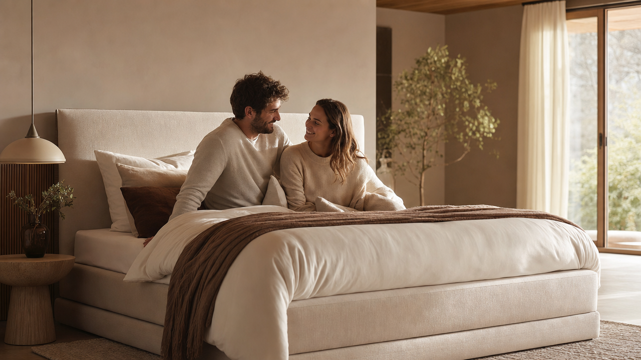 Modernes Schlafzimmer mit Boxspringbett – warmes Licht, einladend, ideal für alle die ein Boxspringbett online kaufen möchten