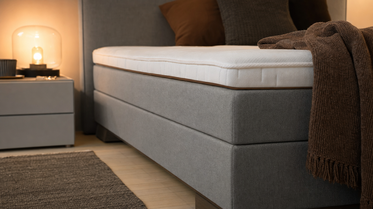 Detailaufnahme eines Boxspringbetts mit Polsterung und Matratze – Qualität die man sieht, wenn man ein Boxspringbett online kaufen will