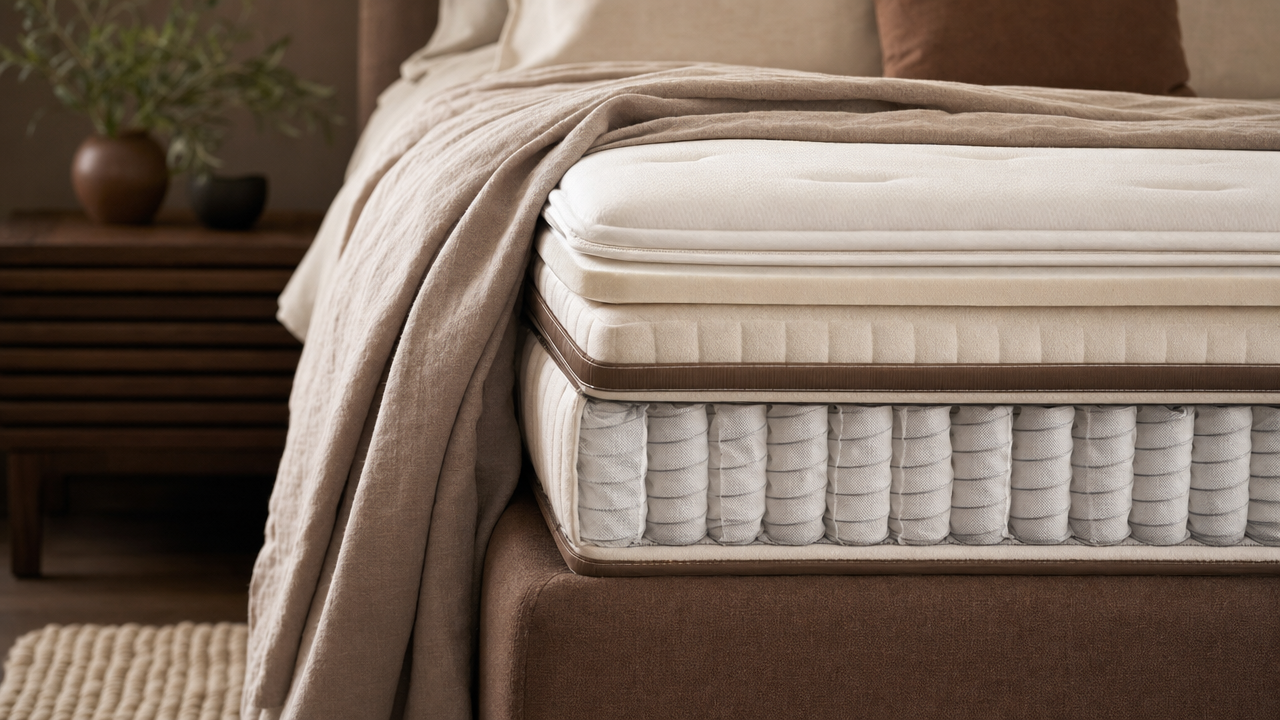 Detailaufnahme eines amerikanischen Boxspringbetts mit sichtbaren Schichten – ideal für alle die ein amerikanisches Boxspringbett kaufen möchten