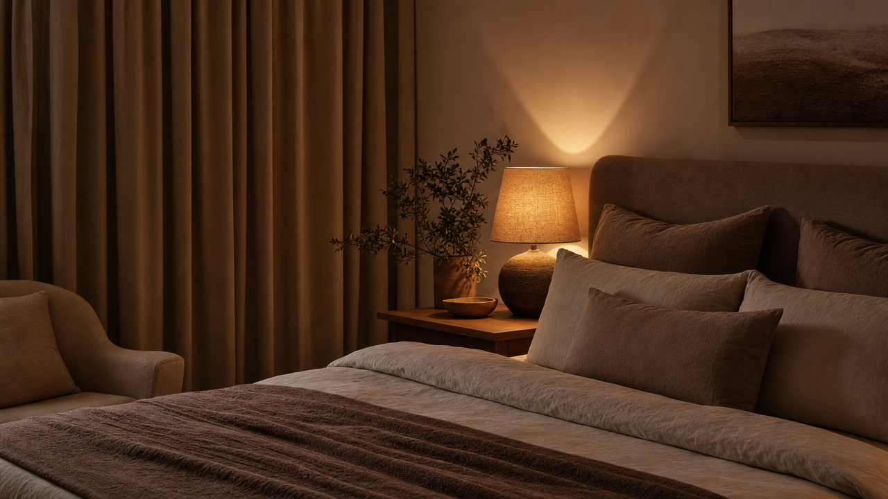 Ruhiges abendliches Schlafzimmer mit gedämpftem Licht und geschlossenen Vorhängen – ideale Umgebung für besser schlafen Tipps