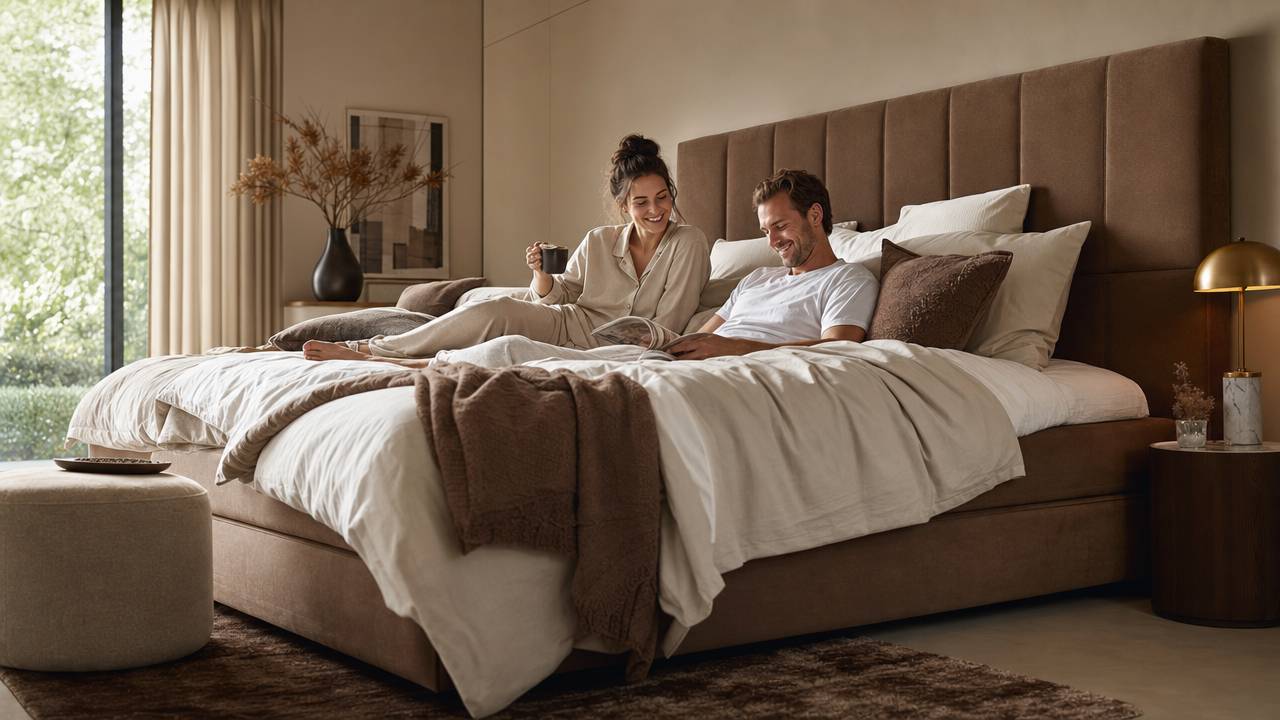 Grosszügiges modernes Schlafzimmer mit einem Boxspringbett 180x200 im warmen Morgenlicht