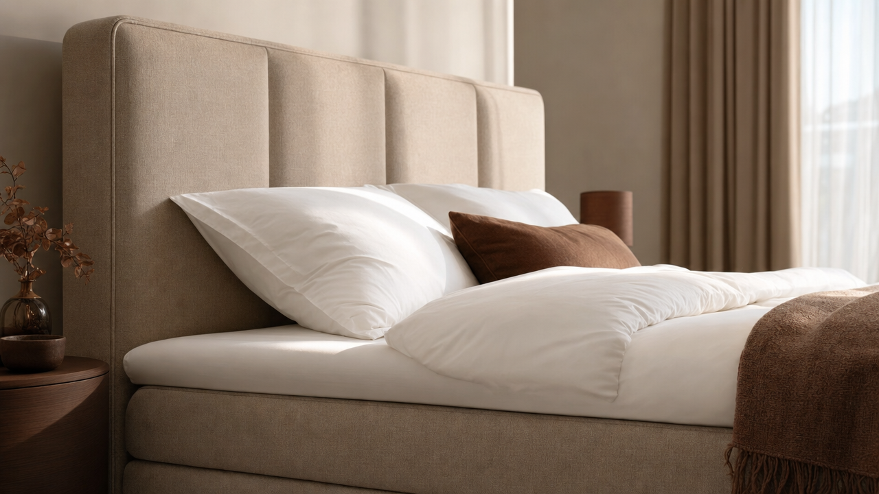 Detailaufnahme eines breiten Boxspringbetts 180x200 mit gepolstertem Kopfteil und weisser Bettwäsche im Morgenlicht