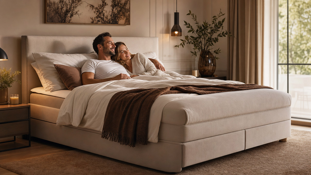 Gemütliches Schlafzimmer mit Boxspringbett im Morgenlicht – Boxspringbett Lebensdauer im Überblick