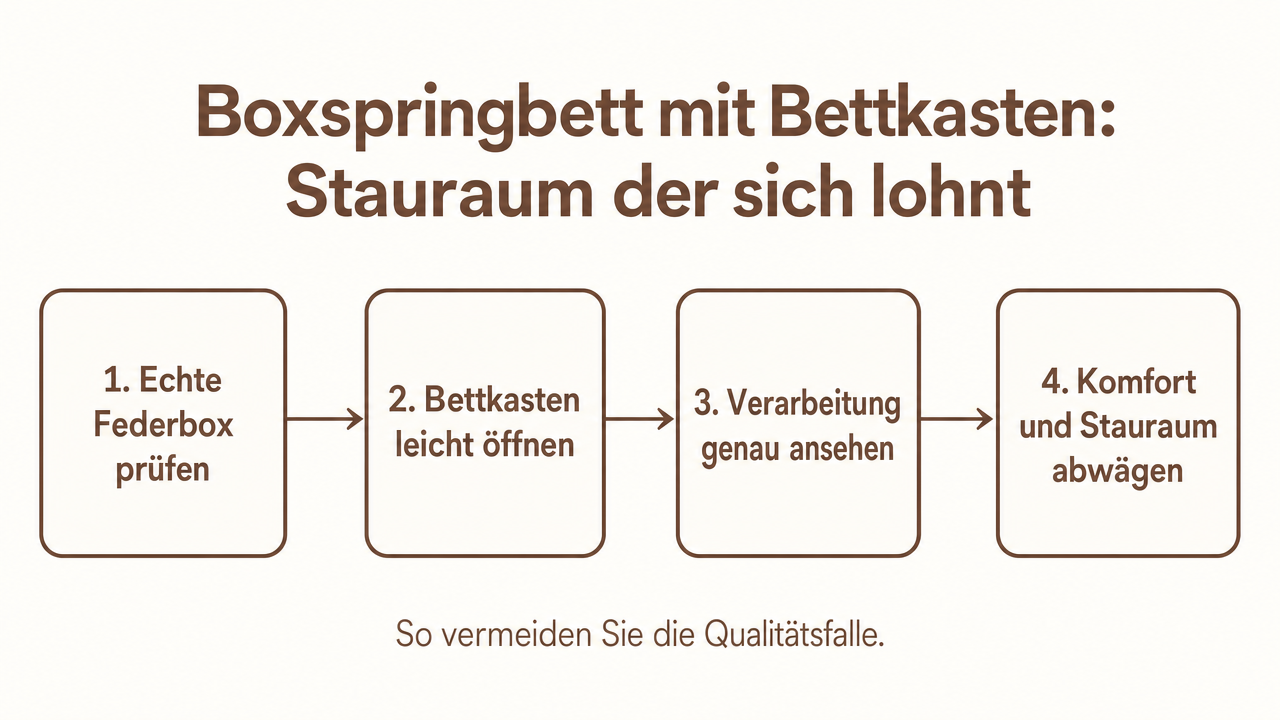 Geöffneter Bettkasten unter einem Boxspringbett mit Bettkasten mit ordentlich verstauton Decken und Bettwäsche