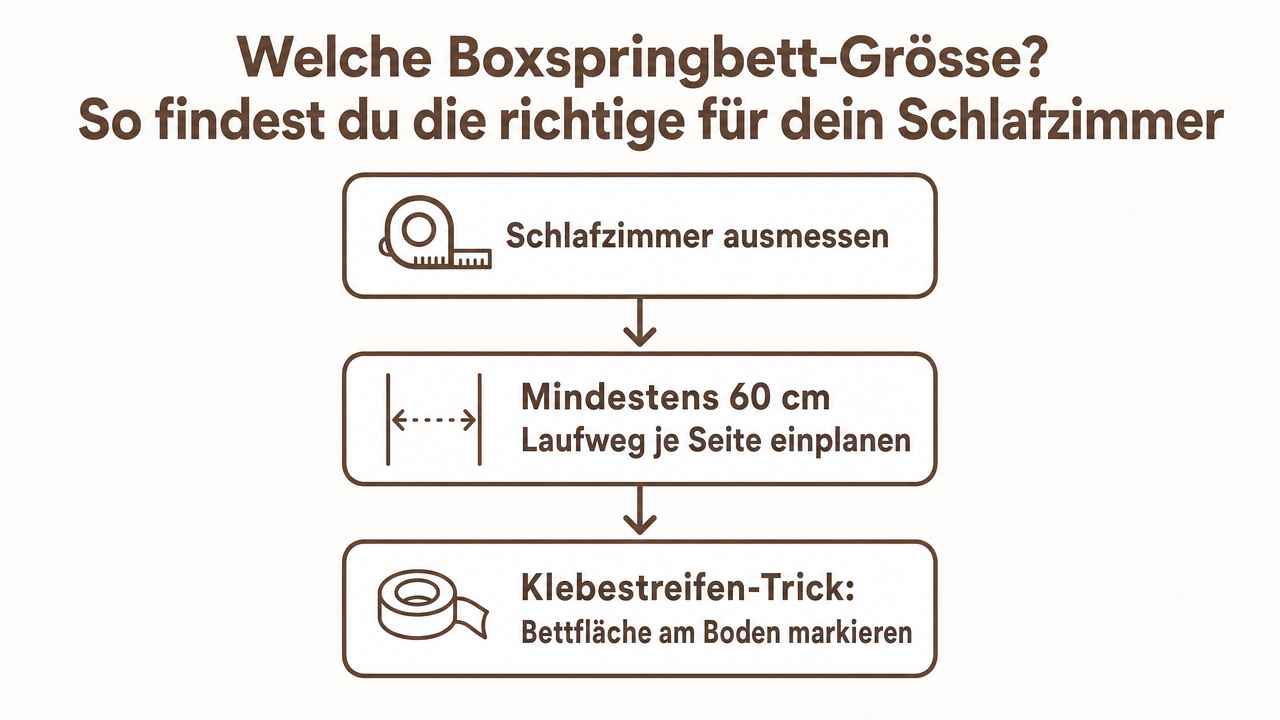 Schlafzimmer Draufsicht mit sichtbaren Laufwegen neben einem Boxspringbett – Planung der richtigen Bettgrösse