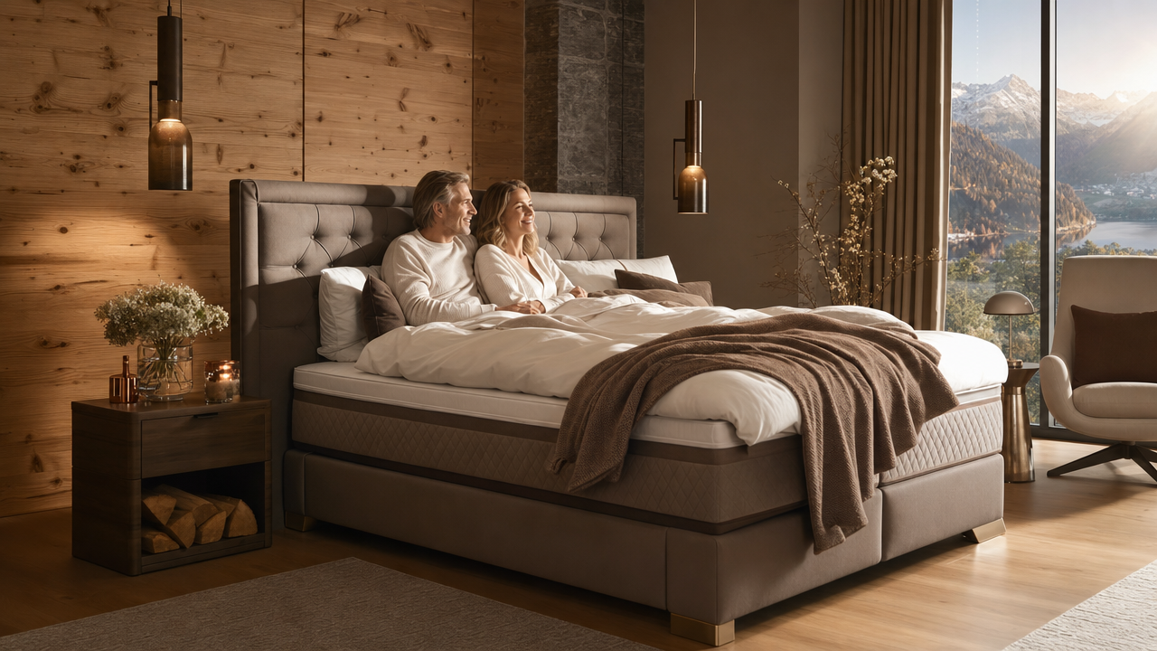 Luxuriöses Boxspringbett in modernem Schweizer Schlafzimmer - beste Luxus Boxspringbetten Schweiz im Überblick