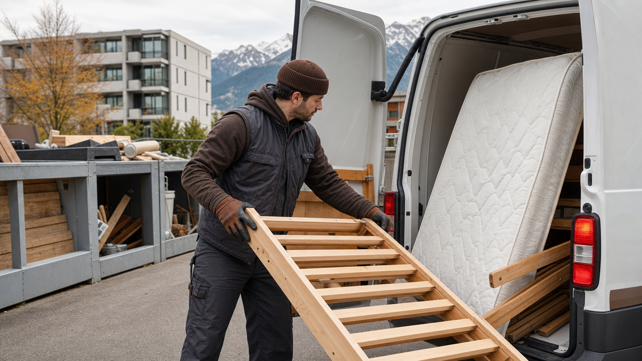 Altes Bett entsorgen Schweiz – Bettgestell wird in Transporter verladen für Recyclinghof oder Sperrgutabgabe