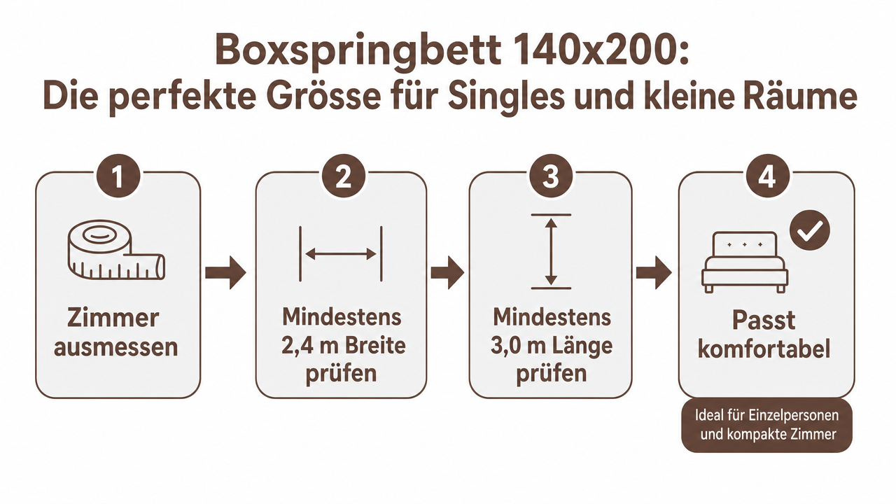 Ausreichend Laufweg neben einem Boxspringbett 140x200 in einem kompakt eingerichteten Schlafzimmer