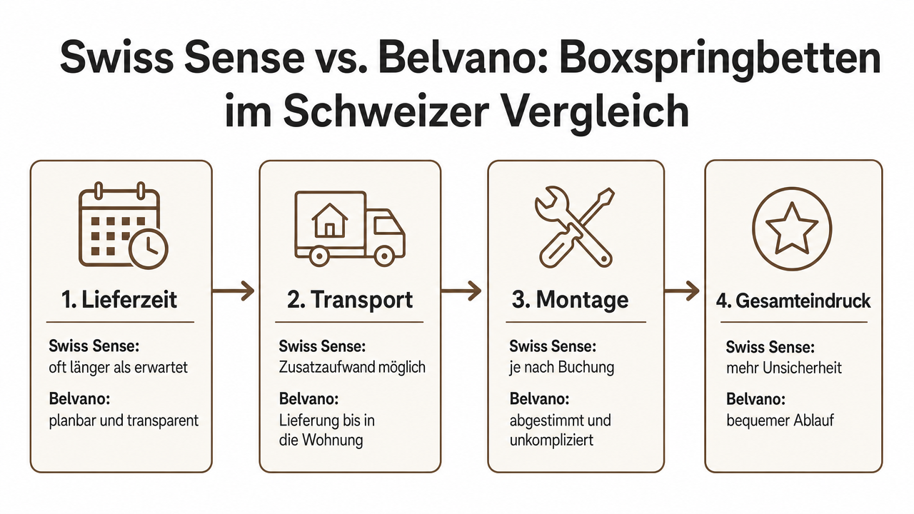 Vergleichsdiagramm Swiss Sense vs Belvano: Preis, Lieferzeit, Service und Garantie im Überblick