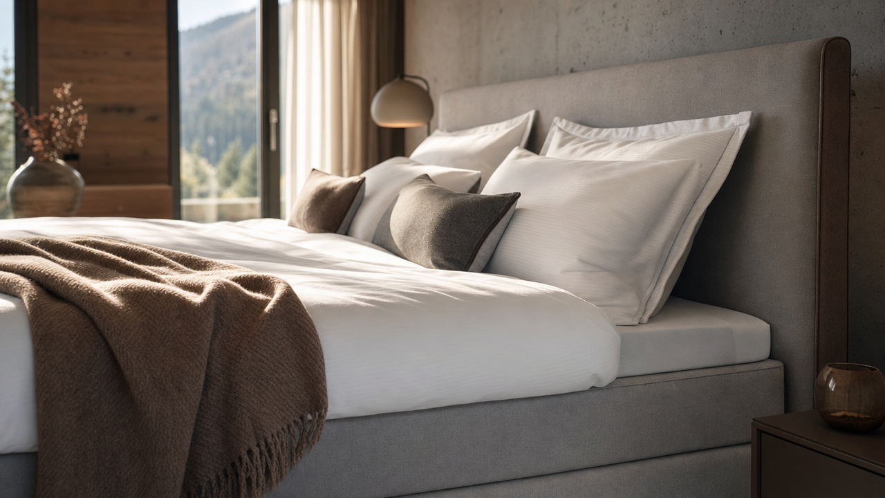Detailaufnahme eines Boxspringbetts mit Polsterkopfteil im Schweizer Wohnkontext – Boxspringbett Test Schweiz