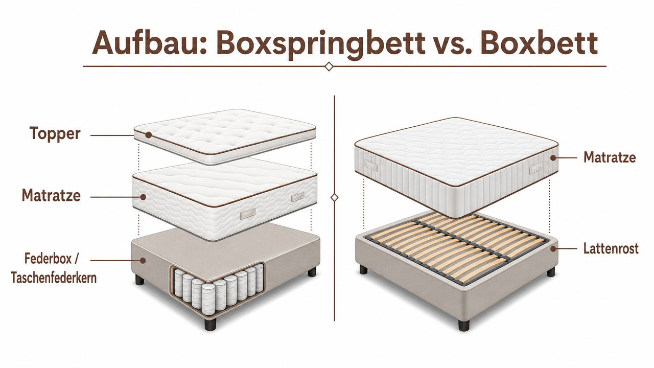 Querschnitt-Diagramm: Boxbett vs Boxspringbett Unterschied im Aufbau – Schichten beschriftet