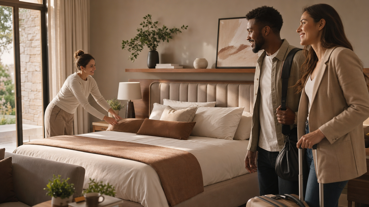 Gepflegtes Hotelzimmer mit einem Bett für wechselnde Gäste geeignet