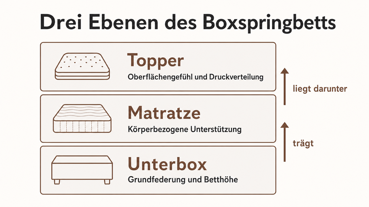 Schnittgrafik von Unterbox, Matratze und Topper