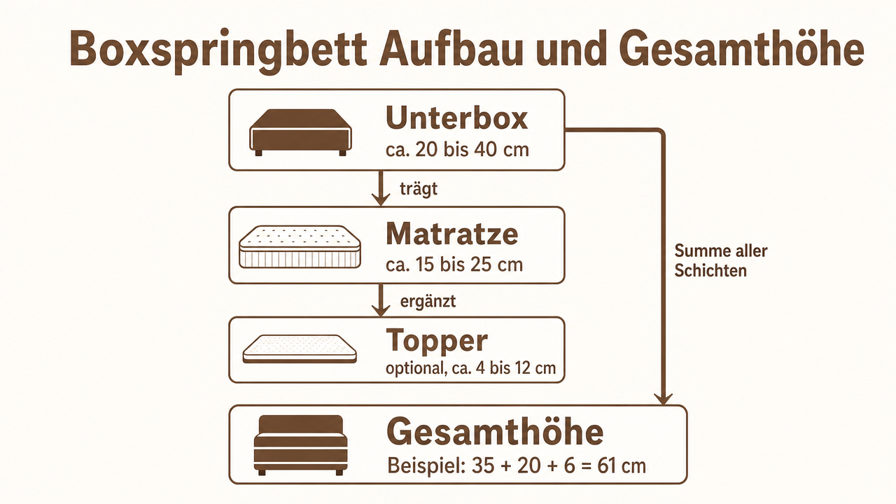 Schichtaufbau eines Boxspringbetts mit Unterbox, Matratze, Topper und Gesamthöhe